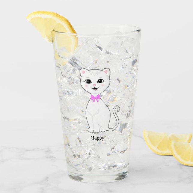 Niedlich Happy White Cat Cartoon Glas (Vorderseite Ice)