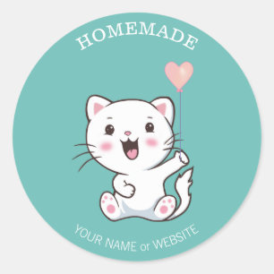 Niedlich Happy White Cat mit Heart Balloon Homemad Runder Aufkleber