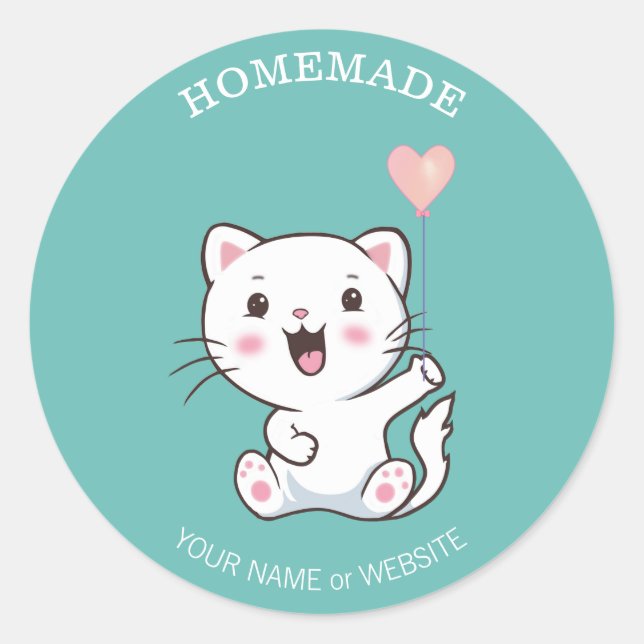 Niedlich Happy White Cat mit Heart Balloon Homemad Runder Aufkleber (Vorderseite)