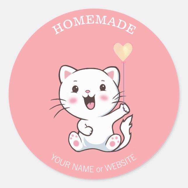 Niedlich Happy White Cat mit Heart Balloon Homemad Runder Aufkleber (Vorderseite)