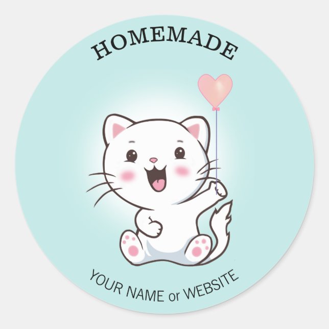 Niedlich Happy White Cat mit Heart Balloon Homemad Runder Aufkleber (Vorderseite)