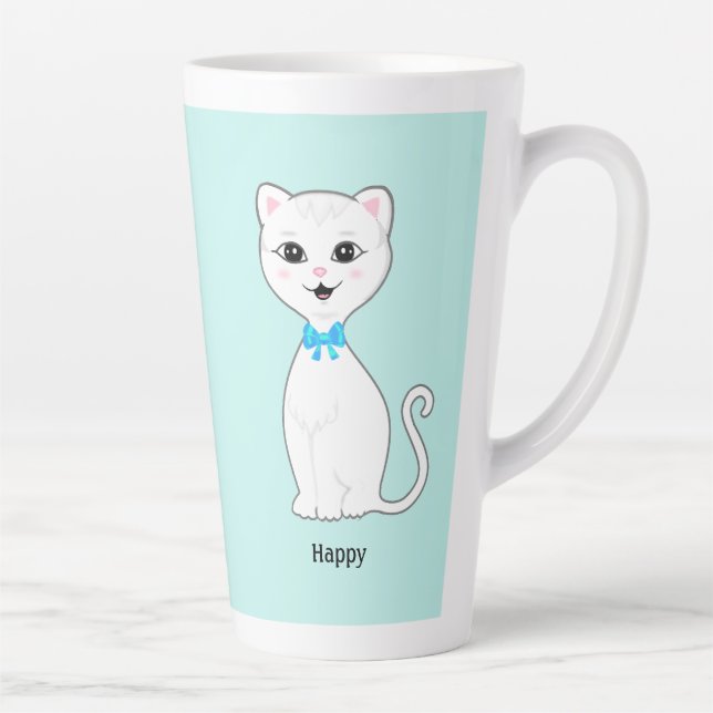 Niedlich Happy White Cat on Light Blue Milchtasse (Rechts)