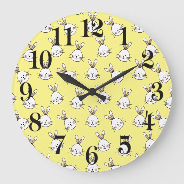 Niedlich Happy White Oaster Bunny Pattern Große Wanduhr (Vorderseite)