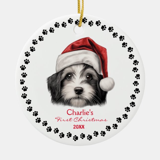 Niedlich Havanese Hund Weihnachtsmannmütze Paw 1.  Keramik Ornament (Vorne)
