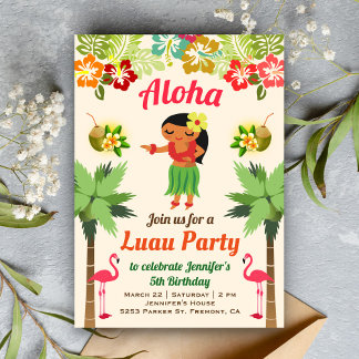 Niedlich Hawaiian Hula Girl Luau Geburtstagsparty Einladung