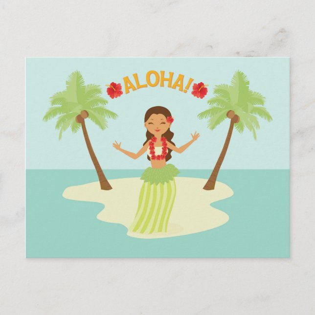Niedlich Hawaiian Hula Girl Luau Palm Tree Island Postkarte (Vorderseite)