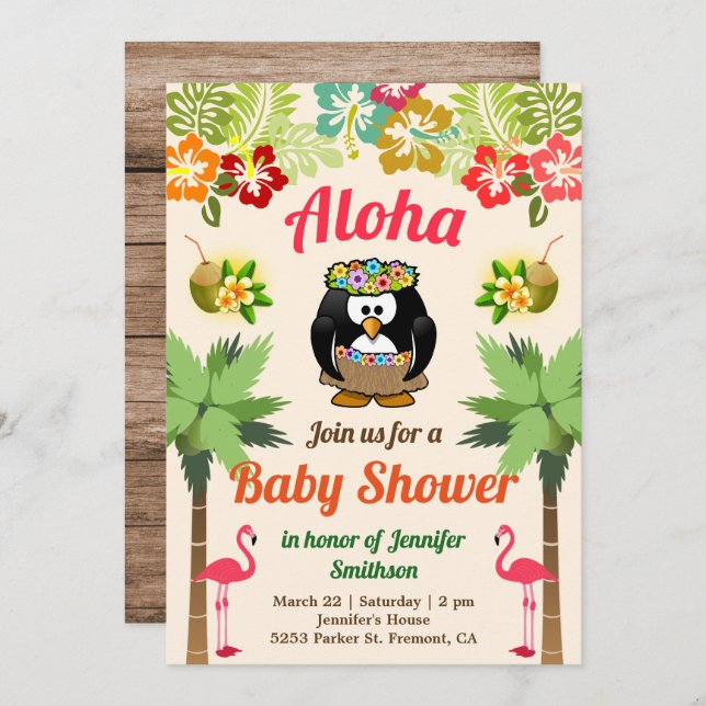 Niedlich Hawaiian Penguin Luau Kinderdusche Einlad Einladung (Vorne/Hinten)