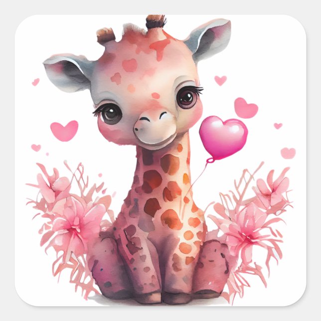 Niedlich Heart Giraffe Valentine Quadratischer Aufkleber (Vorderseite)