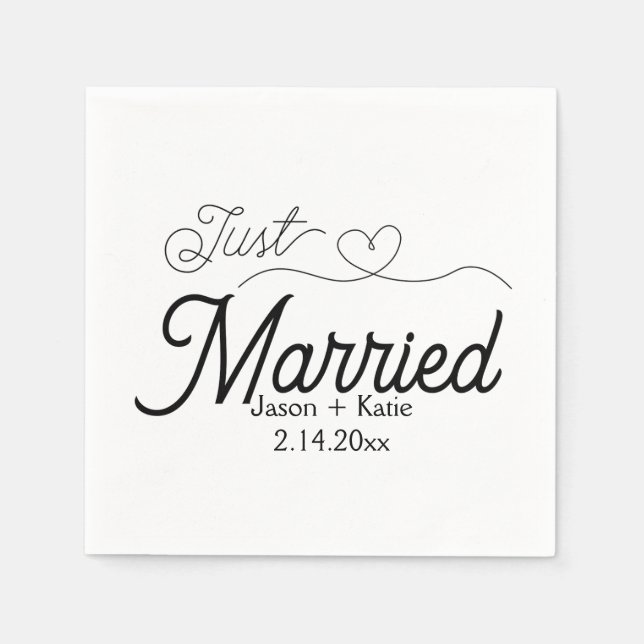 Niedlich Heart Just Married Calligraphy Wedding Da Serviette (Vorderseite)