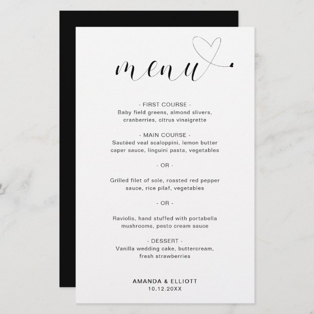 Niedlich Heart Simple Modern Wedding Menu (Vorne/Hinten)