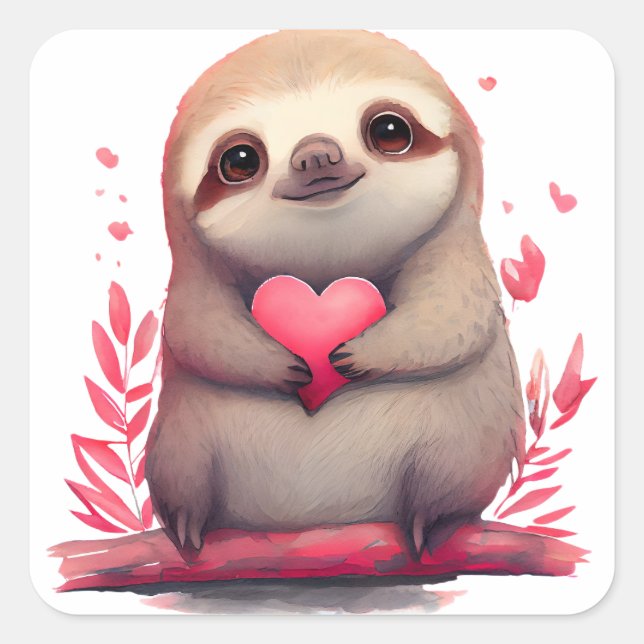 Niedlich Heart Sloth Valentine Quadratischer Aufkleber (Vorderseite)