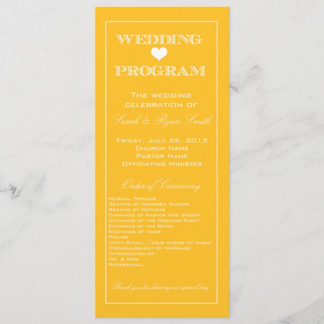 Niedlich Heart Yellow Wedding Program Programm (Vorderseite)