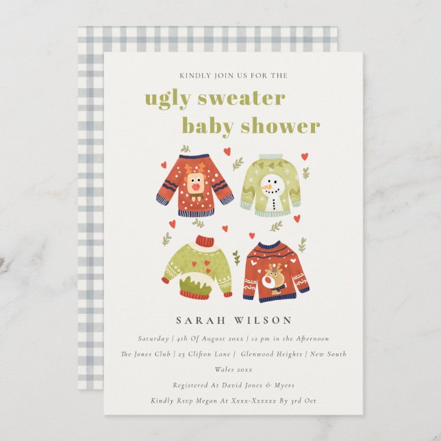 Niedlich Hearts Winter Ugly Sweater Baby Dusche ei Dankeskarte (Vorne/Hinten)