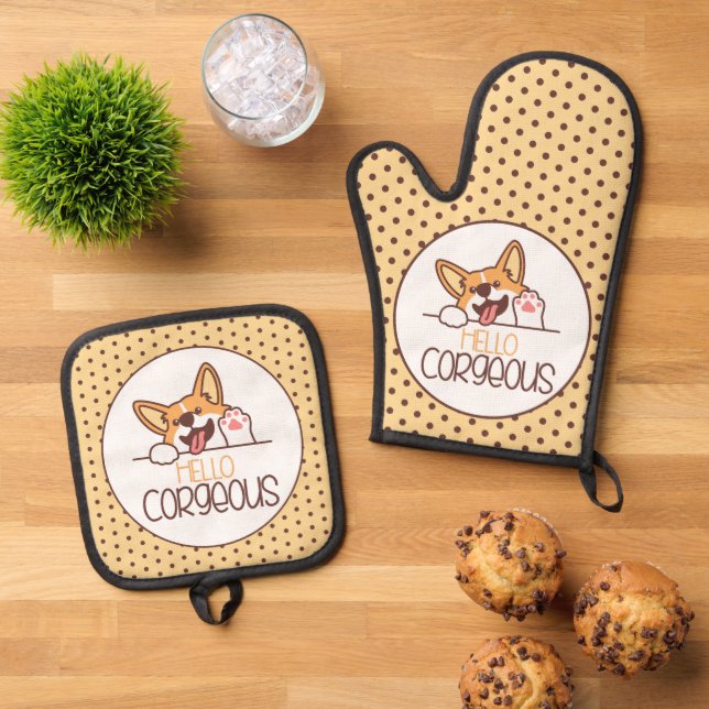 Niedlich Hello Corgi Dog Ofenhandschuh & Topflappen-Set (Oben Unten)