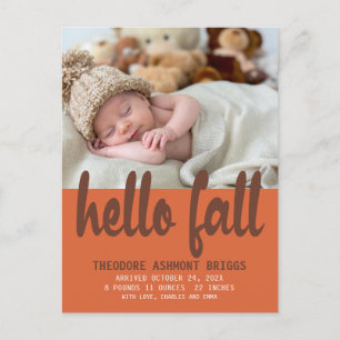 Niedlich Hello Herbst Herbst Baby Birth Foto Ankündigungspostkarte