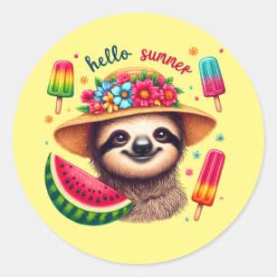 Niedlich hello Summer sloth Runder Aufkleber