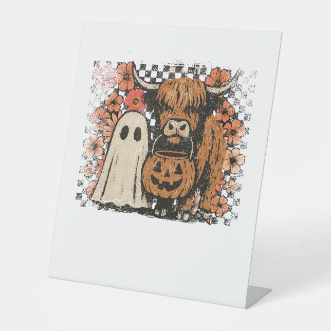 Niedlich Herbst Highland Cow Ghost Halloween Sockelschild (Vorderseite)