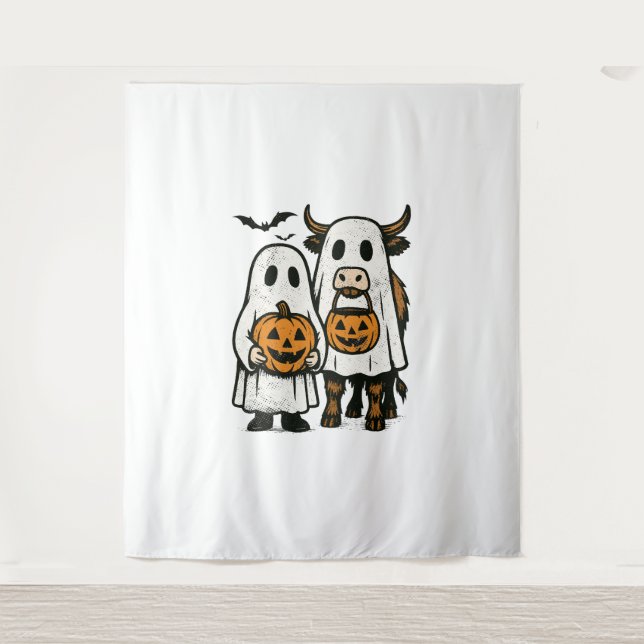 Niedlich Herbst Highland Cow Ghost Halloween Wandteppich (Vorderseite)