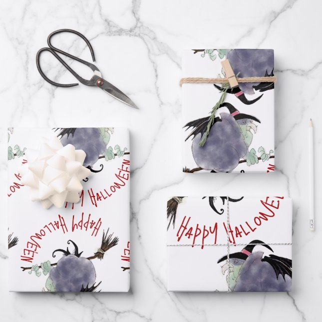 Niedlich Hexe auf ihrem Besenstiel Halloween 3xWPS Geschenkpapier Set (Vorderseite)