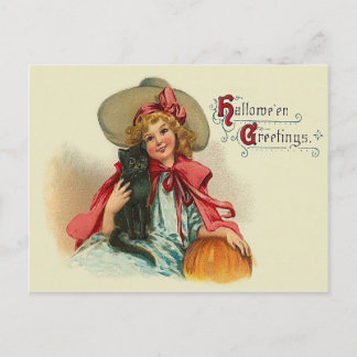 Niedlich Hexe Girl Black Cat Pumpkin Postkarte