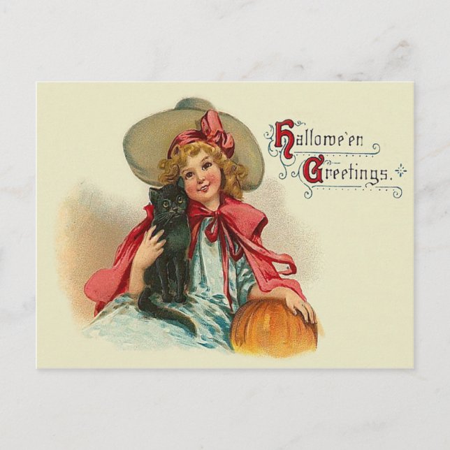 Niedlich Hexe Girl Black Cat Pumpkin Postkarte (Vorderseite)