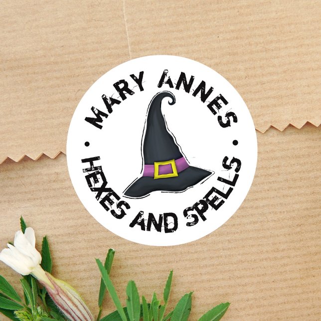 Niedlich-Hexenhut Halloween Personalisiert Runder Aufkleber (Halloween witch custom sticker. )