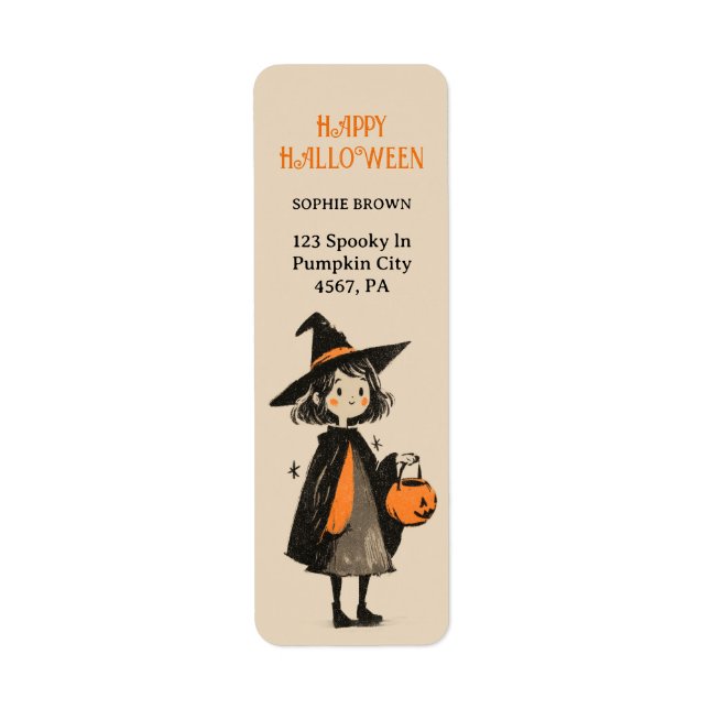 Niedlich Hexenmädchen Retro Halloween-Rücksendeadr (Vorne)