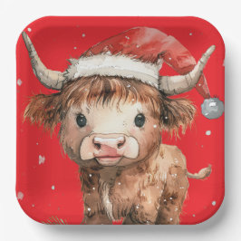 Niedlich. Highland Cow in Weihnachtsmannmütze Red Pappteller