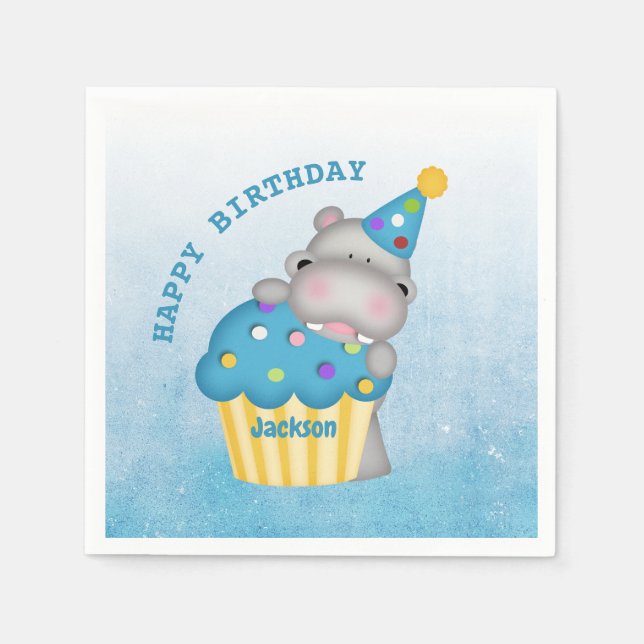 Niedlich Hippo Birthday Cupcake Napkins Serviette (Vorderseite)