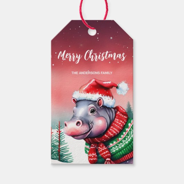 Niedlich HIPPO Weihnachtsbaum Party Schneekinder Geschenkanhänger (Vorderseite)
