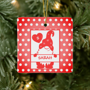 Niedlich Holiday Gnome Polka Dots Red White Name J Keramikornament