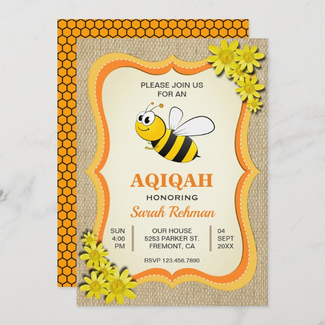 Niedlich Honey Bee Baby Girl Aqiqah Einladung (Vorne/Hinten)