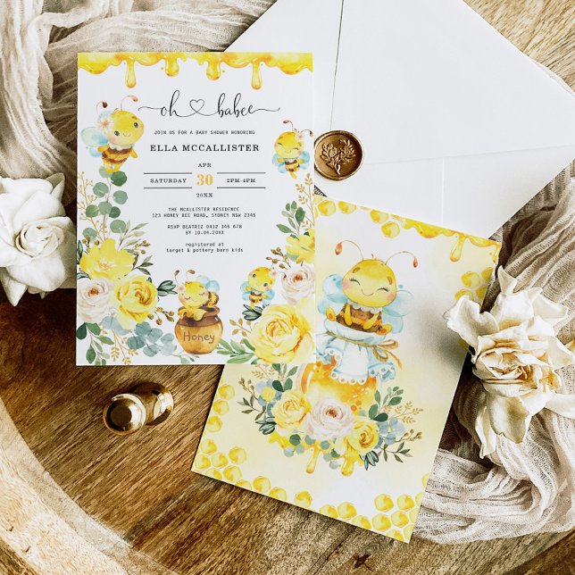 Niedlich Honey Bee Yellow Floral Greenery Baby Dus Einladung (Von Creator hochgeladen)
