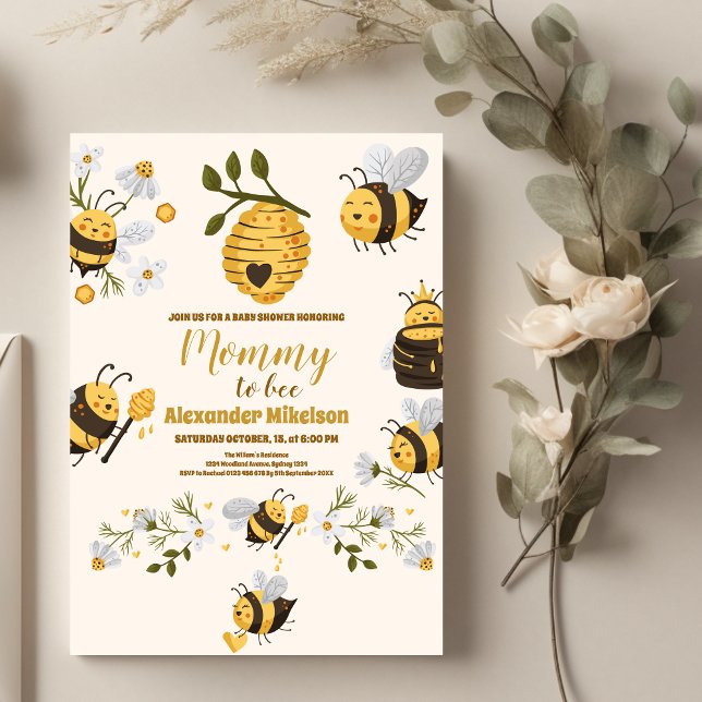 Niedlich Honey Bee Yellow Floral Greenery Baby Dus Einladung (Von Creator hochgeladen)