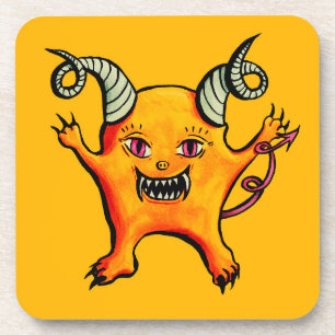 Niedlich Horned Demon Cartoon Monster Kinder Gelb Getränkeuntersetzer