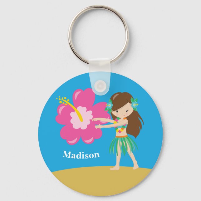 Niedlich Hula Girl Kids Custom Blue Beach Monogram Schlüsselanhänger (Vorderseite)
