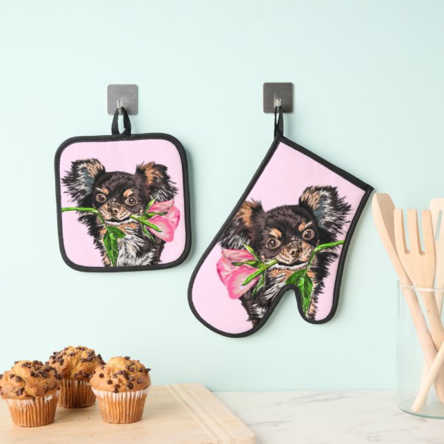 Niedlich Hund mit Rose Oven Mitt & Pot Holder Set (Insitu (Hängend))