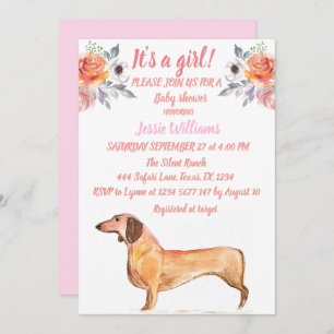 Niedlich Hunde Dackel Floral Pink Weiner Baby Girl Einladung