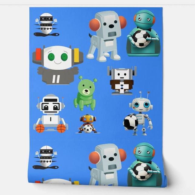 Niedlich Hunde Roboter Sportball Blue Wall Decke Tapete (Abrollen)