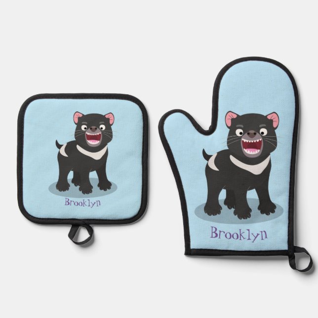 Niedlich hungriger Tasmanischer Teufel Cartoon Ill Ofenhandschuh & Topflappen-Set (Vorderseite)