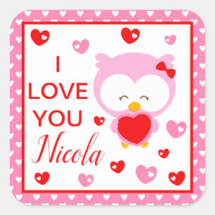 Niedlich I Liebe You Pink Owl & Herz Valentinstag Quadratischer Aufkleber