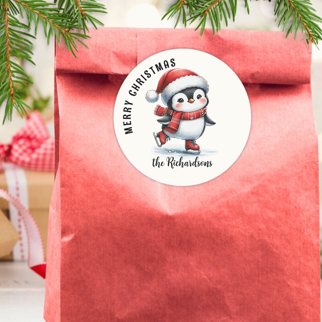 Niedlich Ice Skaten Penguin Custom Frohe Weihnacht Runder Aufkleber (Von Creator hochgeladen)