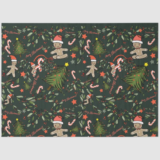 Niedlich Illustriert Retro Weihnachten Dunkelgrün Seidenpapier (Vorderseite)