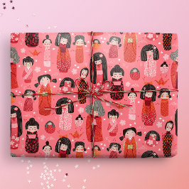 Niedlich Illustrierte Japanisch Kokeshi Pink Geschenkpapier