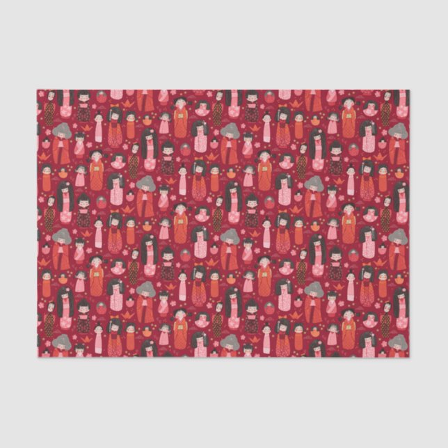 Niedlich Illustrierte Japanisch Kokeshi Red Seidenpapier (Vorderseite)
