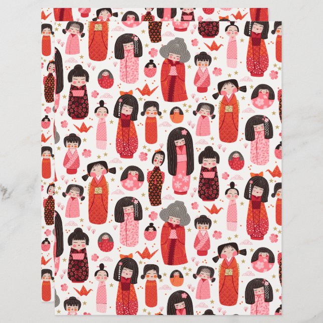 Niedlich Illustrierte japanische Kokeshi Scrapbook (Vorne/Hinten)