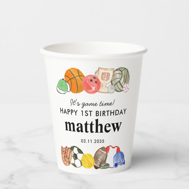 Niedlich ist es Game Time Sports Balls Kindergebur Pappbecher (Vorderseite)