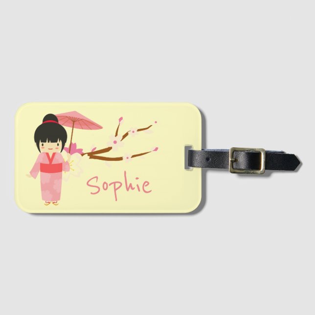 Niedlich-Japanisch-rosa Cherry Blossom Geisha Gepäckanhänger (Vorderseite (Horizontal))