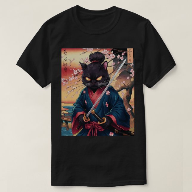 Niedlich Japanisch Samurai Cat T-Shirt (Design vorne)