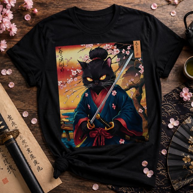Niedlich Japanisch Samurai Cat T-Shirt (Von Creator hochgeladen)